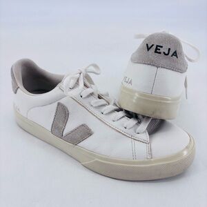 Veja Campo White Leather Gray Suede Logo Lace Up Sneakers